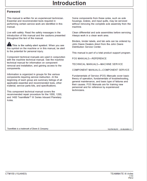 John Deere TeamMate III 1000, 1200, 1400 Series Inboard Planatery Axles Repair Manual (CTM150) - Image 2