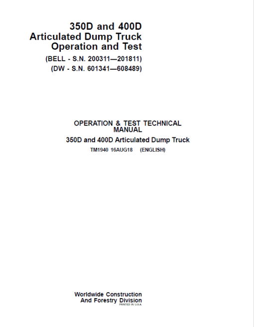 John Deere 350D, 400D Dump Truck Technical Manual (DW & BELL - S.N. 200311—201811) - Image 2