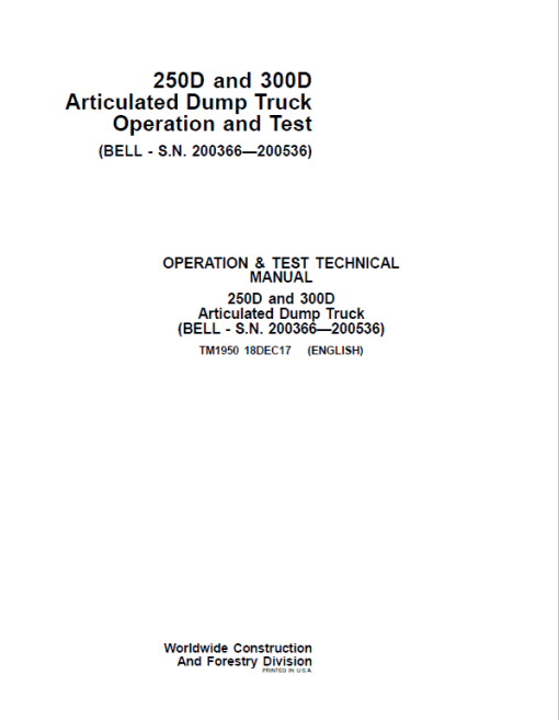 John Deere 250D, 300D Dump Truck Technical Manual (BELL - S.N. 200366—200536) - Image 2