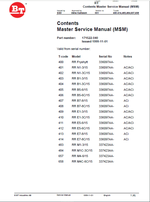 BT RR N, RR B, RR E, RR M Series Forklift Truck Service Manual - Image 2