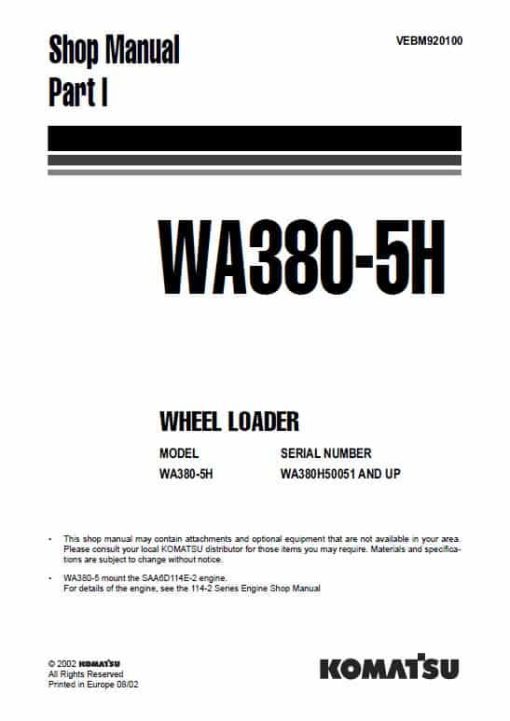 Komatsu WA380-5, WA380-5H Wheel Loader Service Manual - Image 2