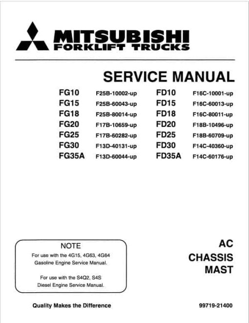 Mitsubishi FD10, FD14, FD15, FD18 Forklift Service Manual