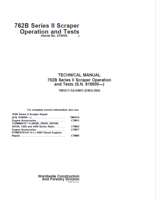 John Deere 762B Series II Scraper Repair Technical Manual (S.N after 818909) - Image 2