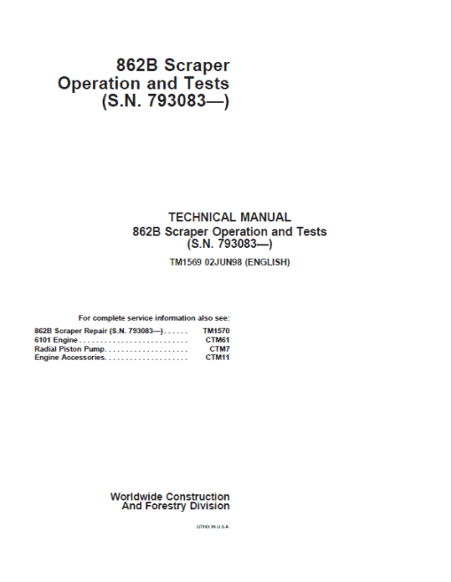 John Deere 862B Scraper Repair Technical Manual (S.N after 793083) - Image 2