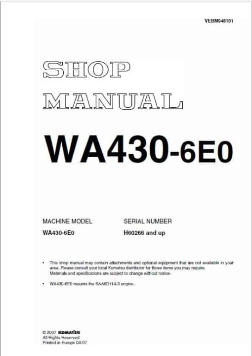 Komatsu WA430-6, WA430-6E0 Wheel Loader Service Manual - Image 2