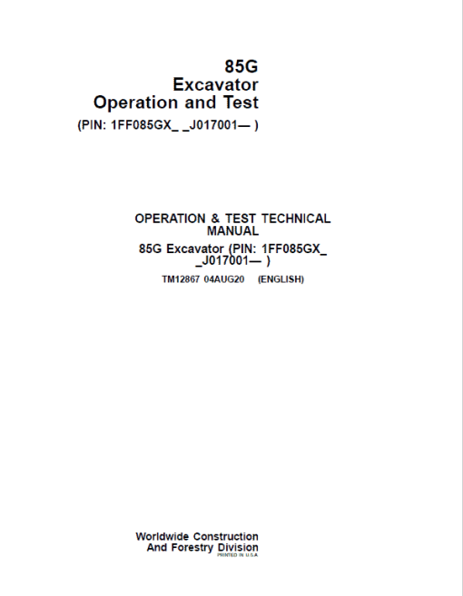 John Deere 85G Excavator Repair Technical Manual (S.N after J017001 - ) - Image 2