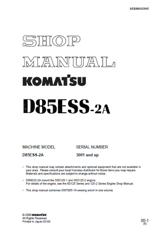 Komatsu D85ESS-2, D85ESS-2A Dozer Service Manual - Image 2