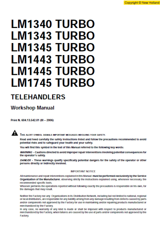 New Holland LM1340, LM1342 and LM1345 Telehandlers Manual - Image 5