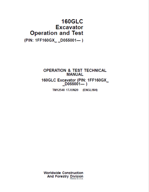 John Deere 160GLC Excavator Repair Technical Manual (PIN: 1FF160GX_ _D055001- ) - Image 2