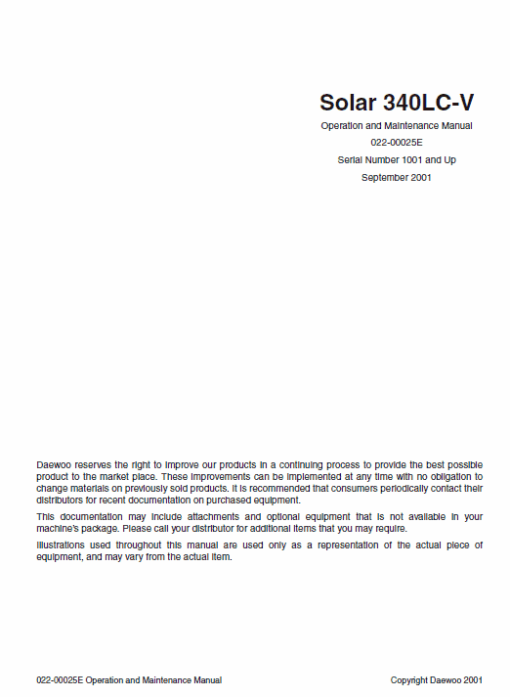 Doosan Daewoo Solar S340LC-V Excavator Service Manual - Image 3