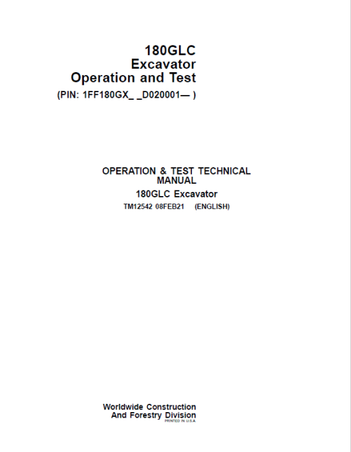 John Deere 180GLC Excavator Repair Technical Manual (PIN: 1FF180GX_ _D020001- ) - Image 2