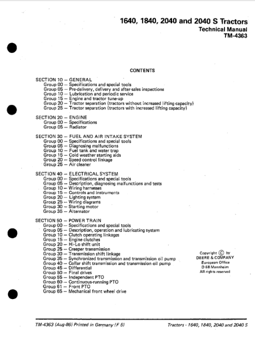 John Deere 1640, 1840, 2040, 2040S Tractors Technical Manual - Image 2