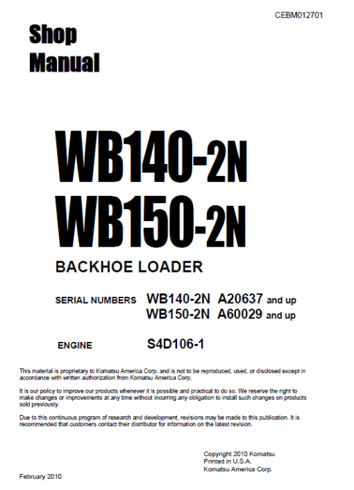 Komatsu WB140-2N and WB150-2N Backhoe Loader Service Manual - Image 2