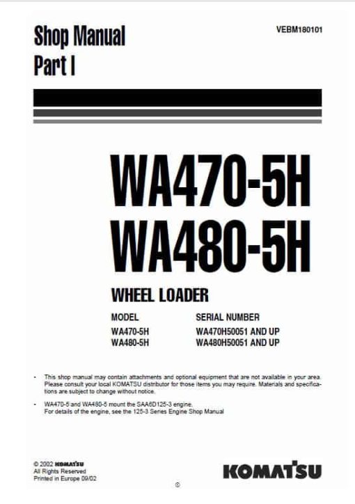 Komatsu WA470-5, WA480-5, WA470-5H, WA480-5H Wheel Loader Service Manual - Image 2