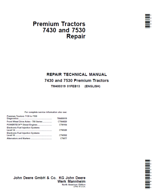 John Deere 7430, 7430 E, 7530, 7530 E (Premium) Tractors Repair Manual