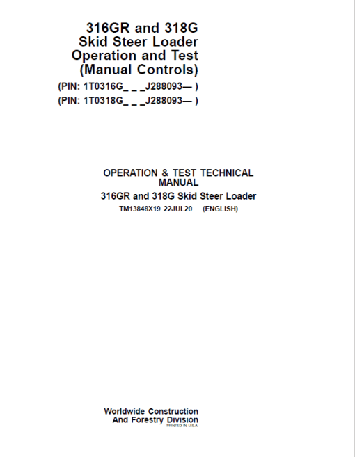 John Deere 316GR, 318G SkidSteer Loader Manual (Manual Controls - SN after J288093 -) - Image 2