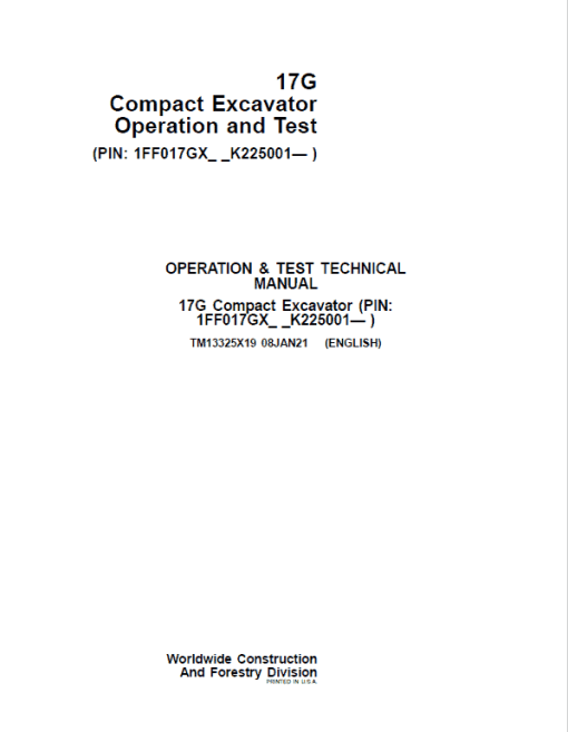 John Deere 17G Excavator Repair Technical Manual (S.N after K225001) - Image 2