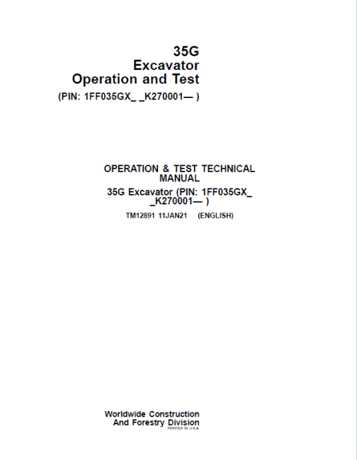 John Deere 35G Excavator Repair Technical Manual (S.N after K270001) - Image 2