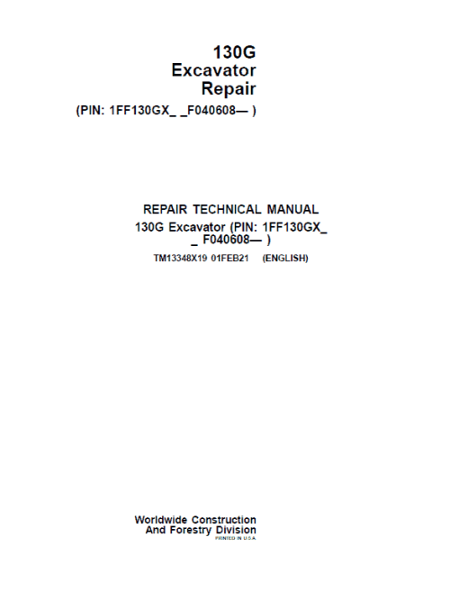 John Deere 130GLC Excavator Repair Technical Manual (S.N after F040608 - ) - Image 2