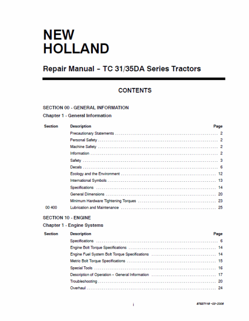 New Holland TC31, TC35, TC40, TC45 Tractor Service Manual - Image 2