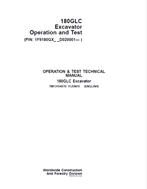 John Deere 180GLC Excavator Repair Technical Manual (PIN: 1F9180GX_ _D020001- ) - Image 2