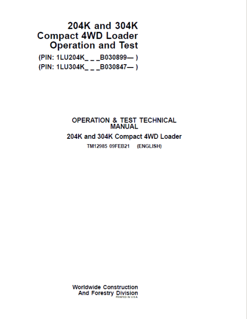 John Deere 204K, 304K Compact 4WD Loader Technical Manual ( S.N after B030847 -) - Image 2