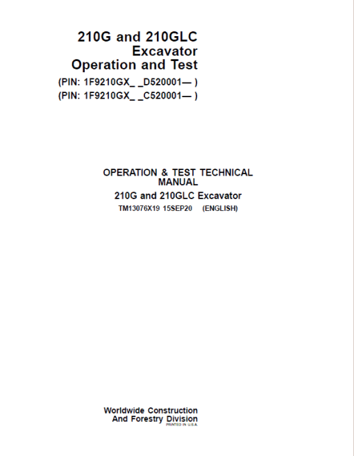 John Deere 210G, 210GLC Excavator Repair Manual (PIN: 1F9210GX_ C520001 & D520001- ) - Image 2