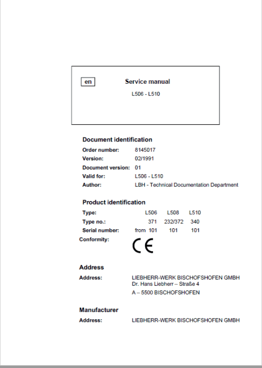 Liebherr L506, L508, L510 Wheel Loader Service Manual - Image 2