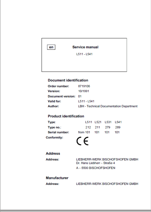 Liebherr L511, L521, L531, L541 Wheel Loader Service Manual - Image 2