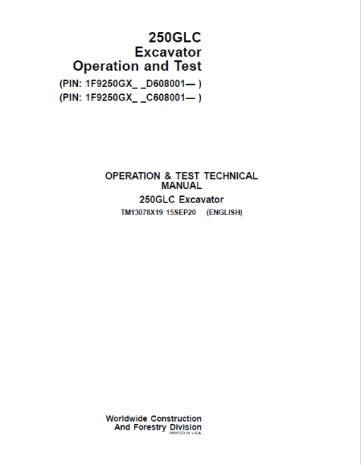 John Deere 250GLC Excavator Repair Technical Manual (PIN: 1F9250GX_ C608001 & D608001- ) - Image 2