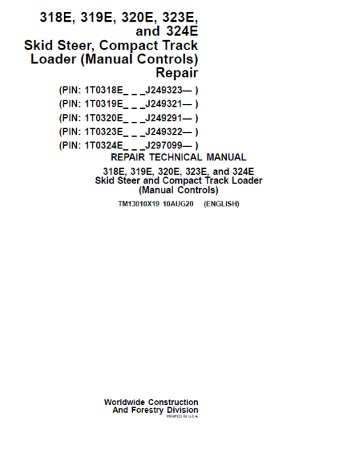 John Deere 319E, 323E SkidSteer Loader Technical Manual (Manual Controls - SN after J249321)