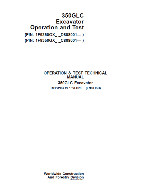 John Deere 350GLC Excavator Repair Technical Manual (PIN: 1F9350GX_C808001 & D808001 - ) - Image 2