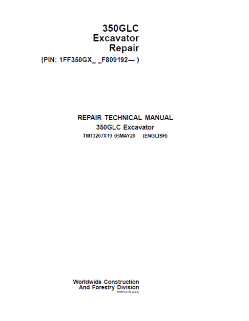 John Deere 350GLC Excavator Repair Technical Manual (S.N after F809192 - ) - Image 2