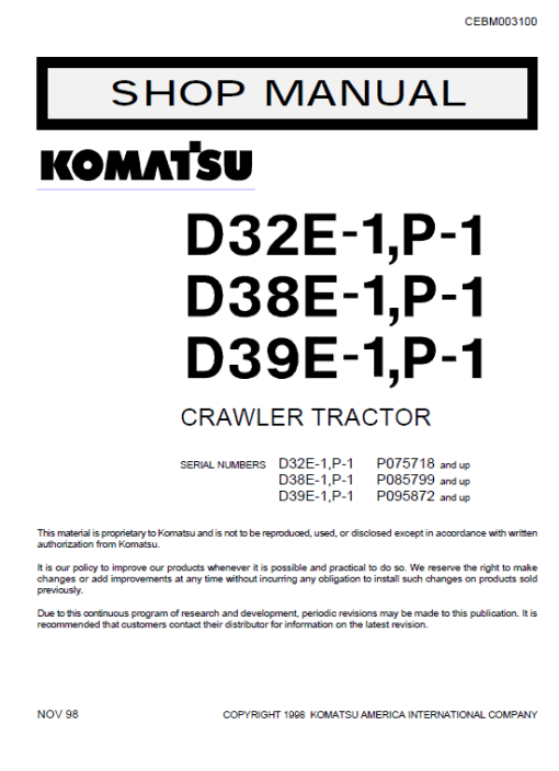 Komatsu D32E-1, D38E-1, D39E-1 Dozer Service Manual - Image 2