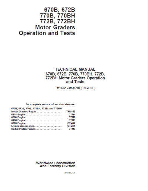 John Deere 670B, 672B, 770B, 770BH, 772B, 772BH Motor Grader Technical Manual - Image 2