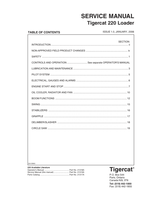 Tigercat 220 Loader Repair Service Manual (2200111 - 2200500)