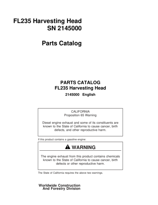 Waratah FL235 Harvesting Heads (SN 2145000) Parts Catalog Manual