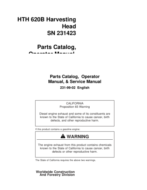 Waratah HTH620B Harvesting Heads (SN 231423 -) Parts Catalog Manual