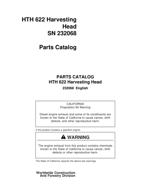 Waratah HTH622 Harvesting Heads (SN 232068) Parts Catalog Manual