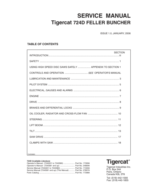 Tigercat 724D Feller Buncher Repair Service Manual (SN 7240201 - 7240999)