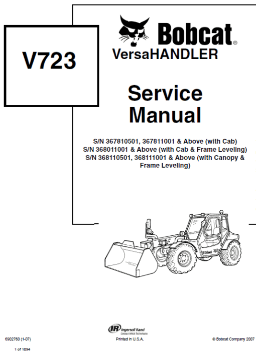 Bobcat V723 VersaHANDLER Telescopic Service Repair Manual - Image 3