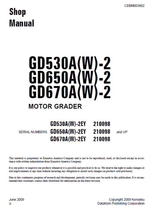 Komatsu GD530A, GD650A, GD670A Series Motor Grader Manual - Image 2