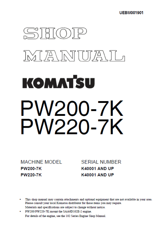 Komatsu PW200-7 and PW220-7 Excavator Service Manual - Image 3