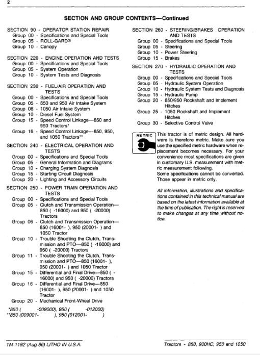 John Deere 850, 900HC, 950, 1050 Tractors Technical Manual (TM1192) - Image 4