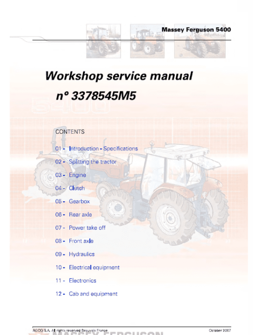 Massey Ferguson 5425, 5435, 5445, 5460, 5465, 5470, 5475, 5480 Tractors Workshop Manual - Image 6