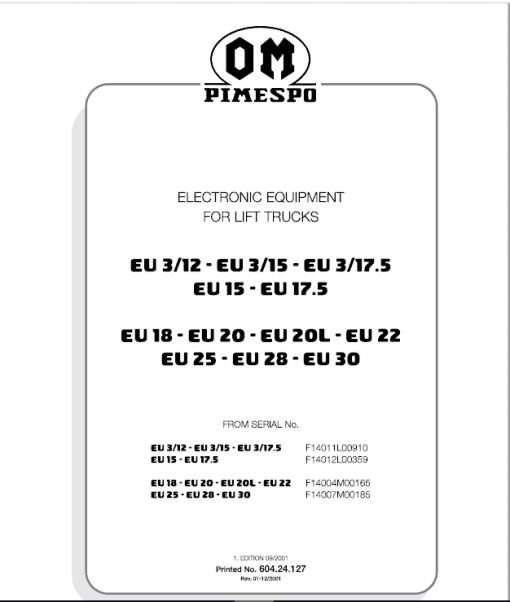 OM Pimespo EU18, EU20, Eu20L, EU22, EU25, EU28 and EU30 Forklift Workshop Manual - Image 4