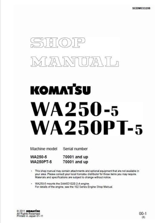 Komatsu WA250-5, WA250PT-5, WA250-5H Wheel Loader Service Manual