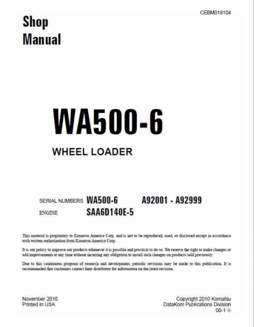 Komatsu WA500-6, WA500-6R, WA500-6, WA500-6RR Wheel Loader Service Manual