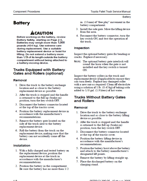 Toyota 7HBW30, 7HBE30, 7HBE40, 7HBC30, 7HBC40, 7TB50 Pallet Trucks Repair Manual - Image 3