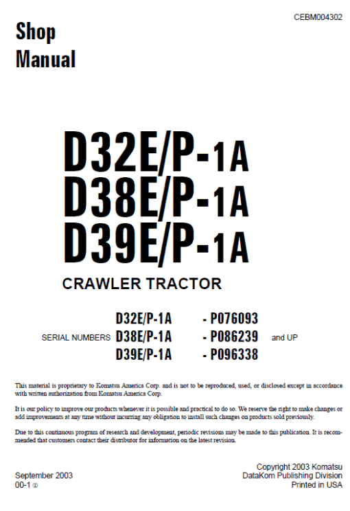 Komatsu D32P-1, D38P-1, D39P-1 Dozer Service Manual - Image 3